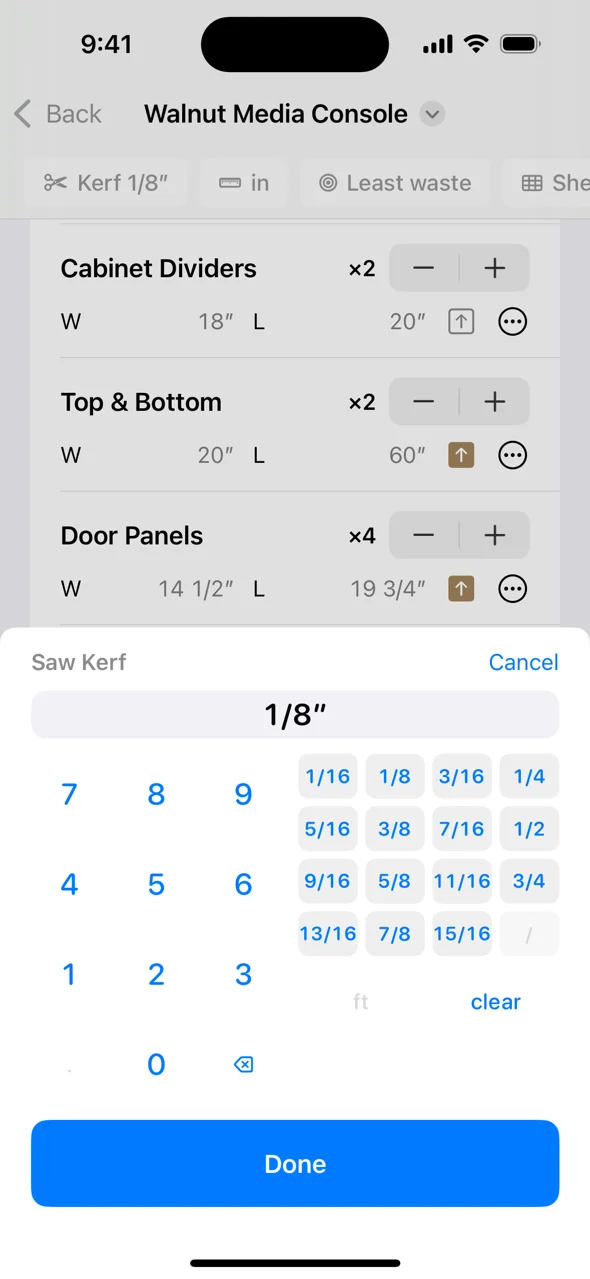 CutList Pro localized App Store screenshot showing cutting layouts and workshop features