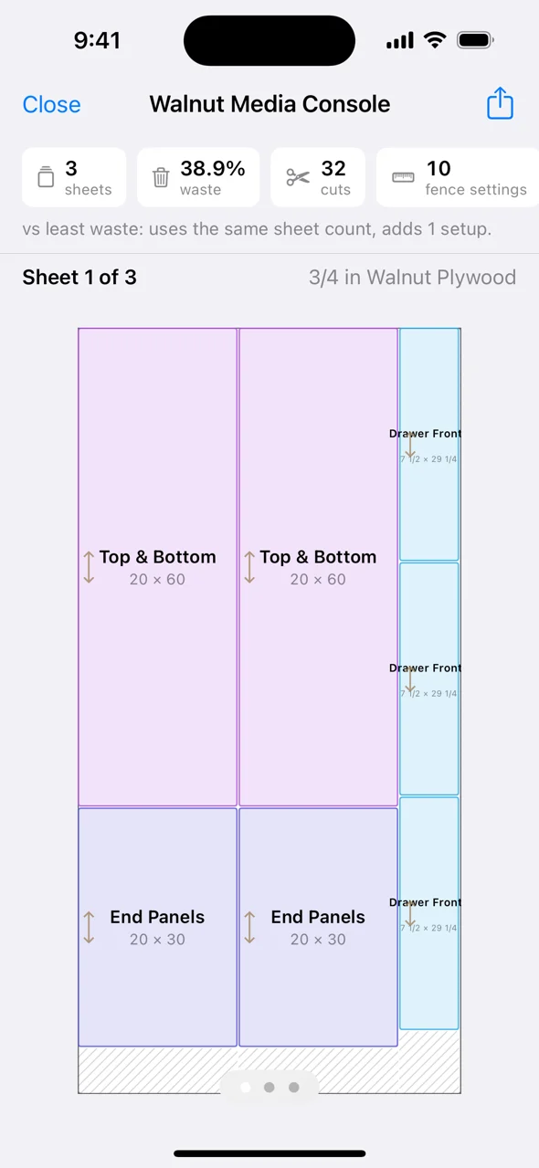 CutList Pro localized App Store screenshot showing cutting layouts and workshop features