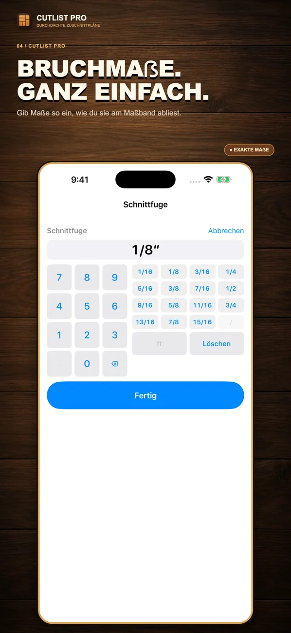 Lokalisierter App-Store-Screenshot von CutList Pro mit Zuschnittplänen und Werkstattfunktionen