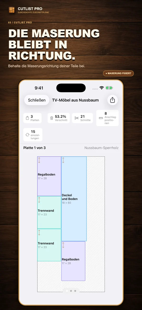 Lokalisierter App-Store-Screenshot von CutList Pro mit Zuschnittplänen und Werkstattfunktionen