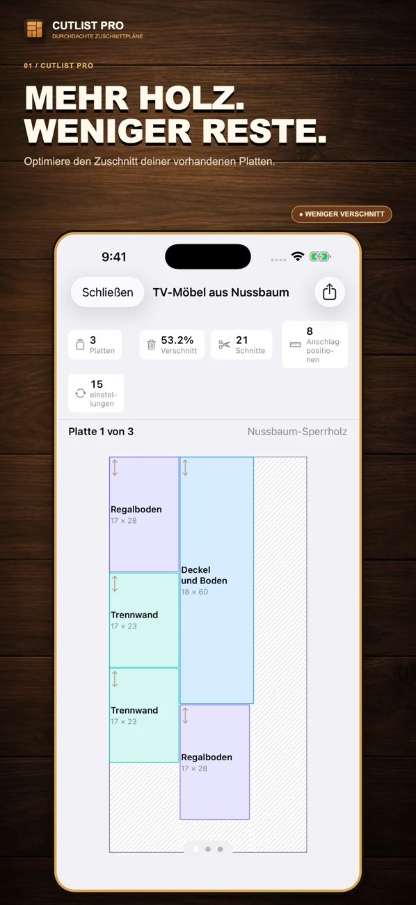 Lokalisierter App-Store-Screenshot von CutList Pro mit Zuschnittplänen und Werkstattfunktionen