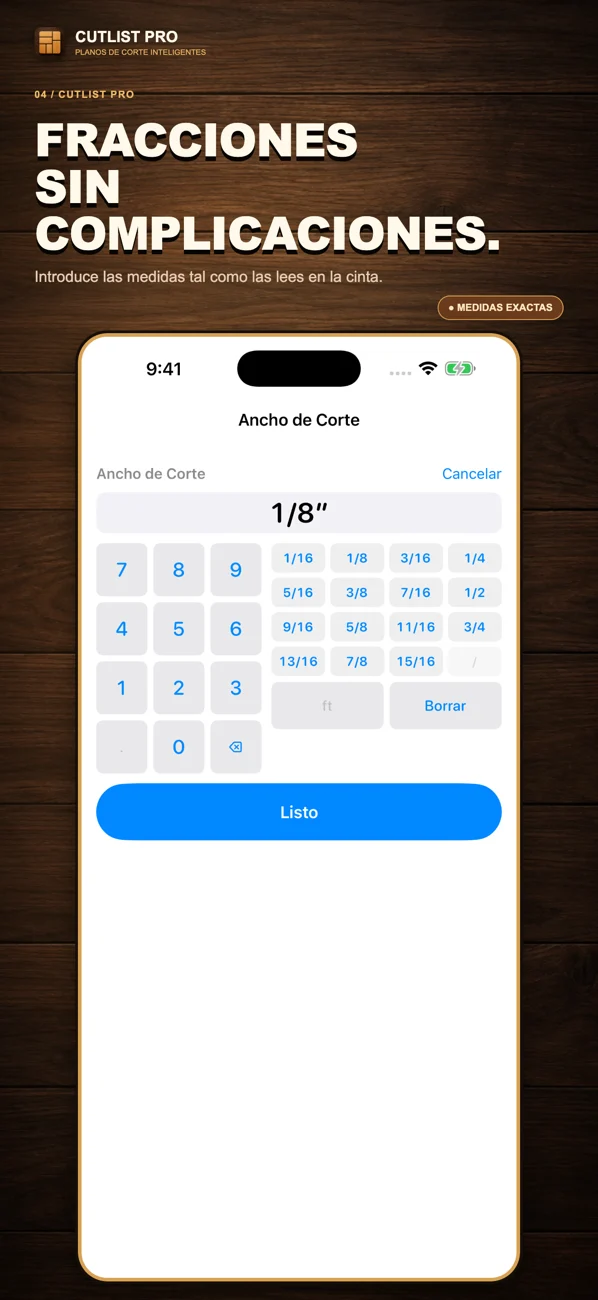 Captura localizada de CutList Pro en el App Store que muestra planos de corte y funciones para el taller