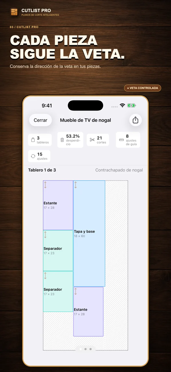 Captura localizada de CutList Pro en el App Store que muestra planos de corte y funciones para el taller