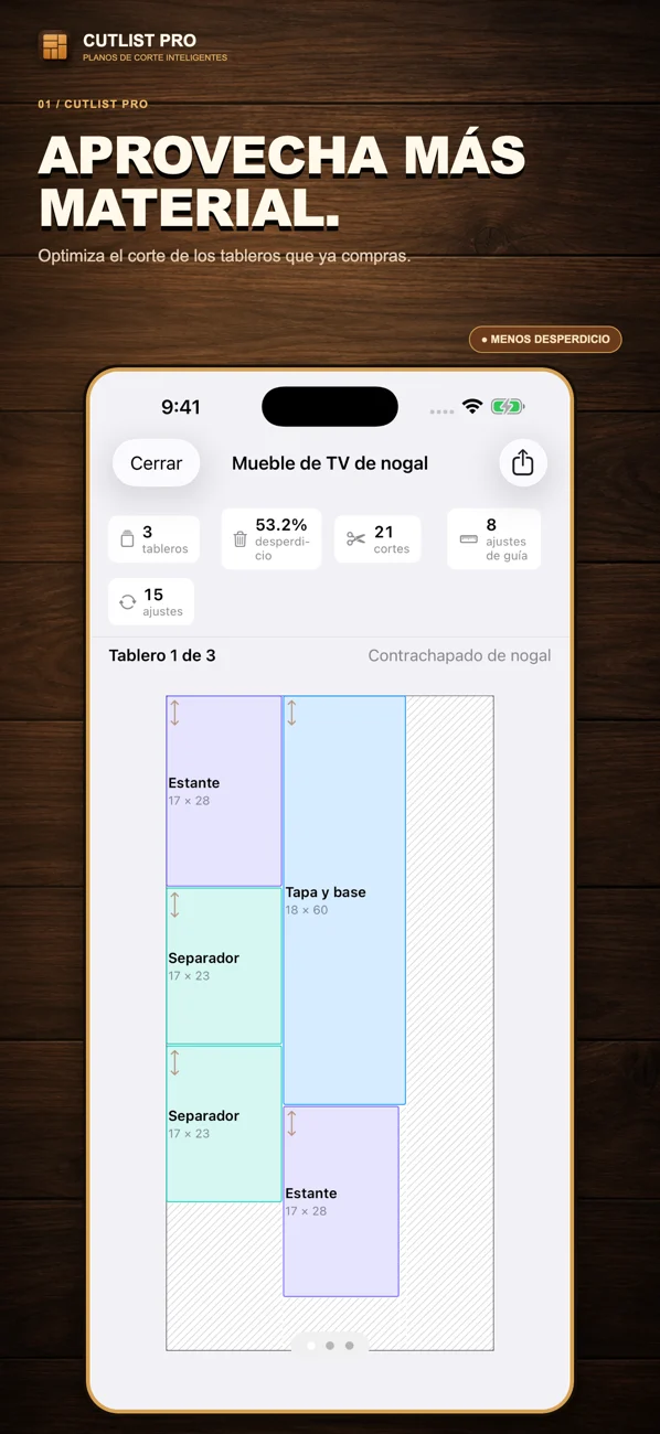 Captura localizada de CutList Pro en el App Store que muestra planos de corte y funciones para el taller