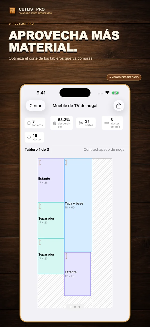 Captura localizada de CutList Pro en el App Store que muestra planos de corte y funciones para el taller