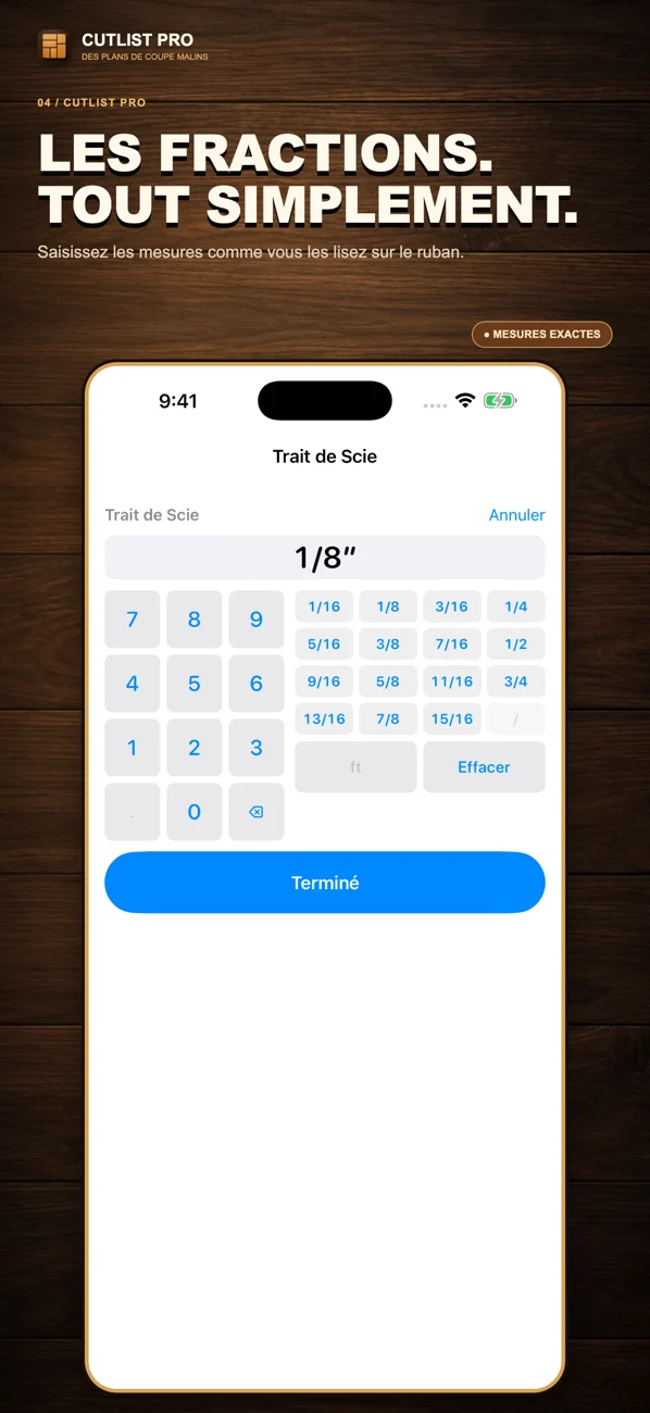 Capture d’écran localisée de CutList Pro sur l’App Store présentant les plans de découpe et les fonctionnalités d’atelier