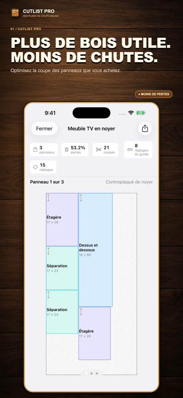 Capture d’écran localisée de CutList Pro sur l’App Store présentant les plans de découpe et les fonctionnalités d’atelier