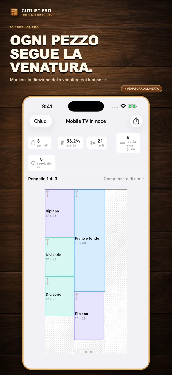 Screenshot localizzato di CutList Pro per App Store con schemi di taglio e funzioni per il laboratorio