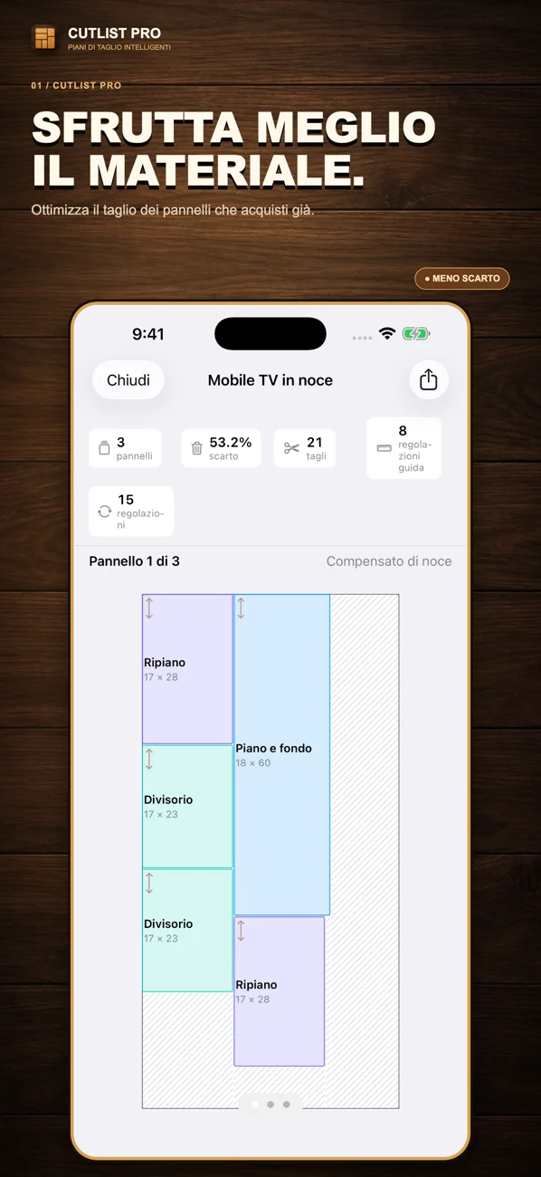 Screenshot localizzato di CutList Pro per App Store con schemi di taglio e funzioni per il laboratorio